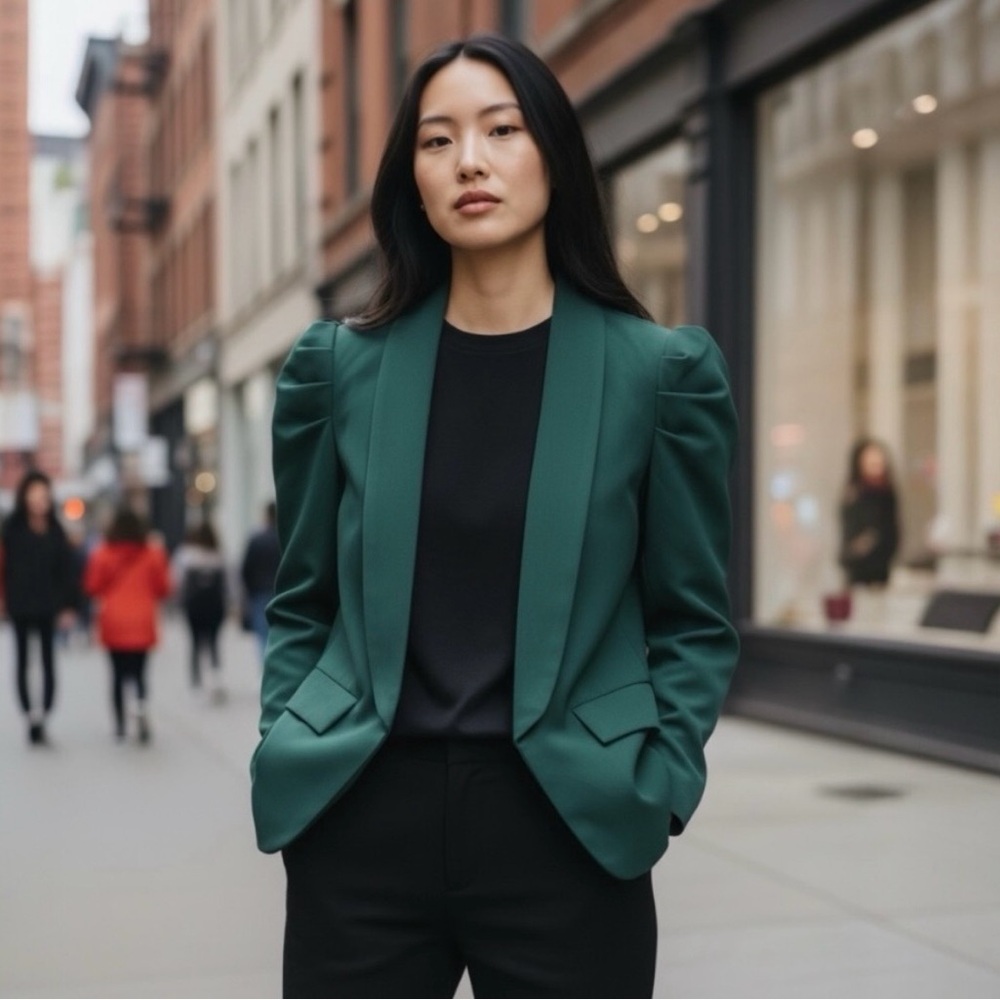 Green puff sleeve Women's open front fold collar Blazer small